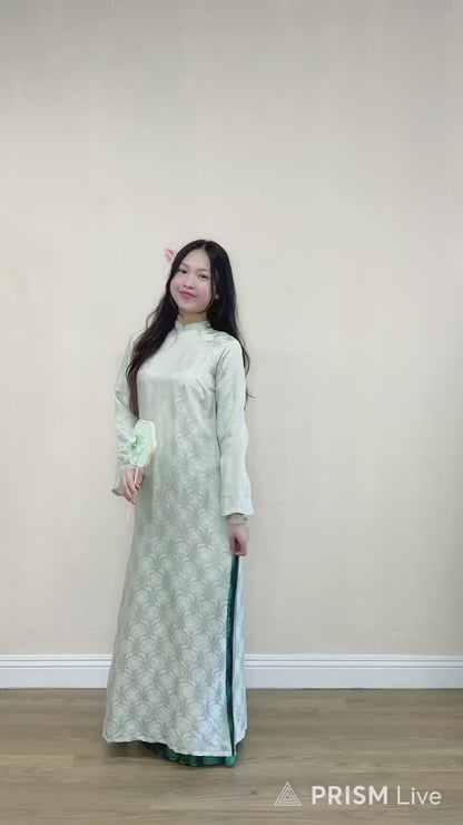 AD05 - Set Áo Dài Tơ Tằm Nha Xá Thọ Dơi Nhỏ Xanh Nhạt | Kèm Quần Tơ Tằm.
