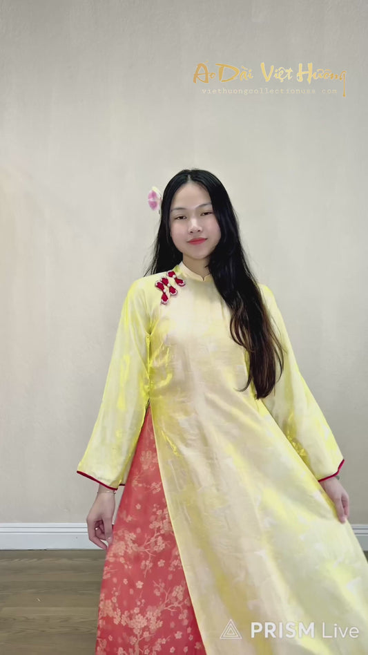 A11 - Set Áo Dài Tencel 4 Tà Vàng/ Đỏ | Kèm Quần Tencel Đỏ
