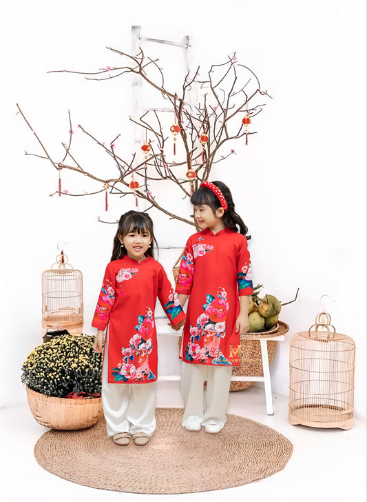307 - Girl’s Set Ao Dai Red (kèm quần) - Set Mom & Girl
