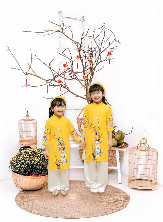 301 - Girl’s Set Ao Dai Yellow (kèm quần) - Set Mom & Girl